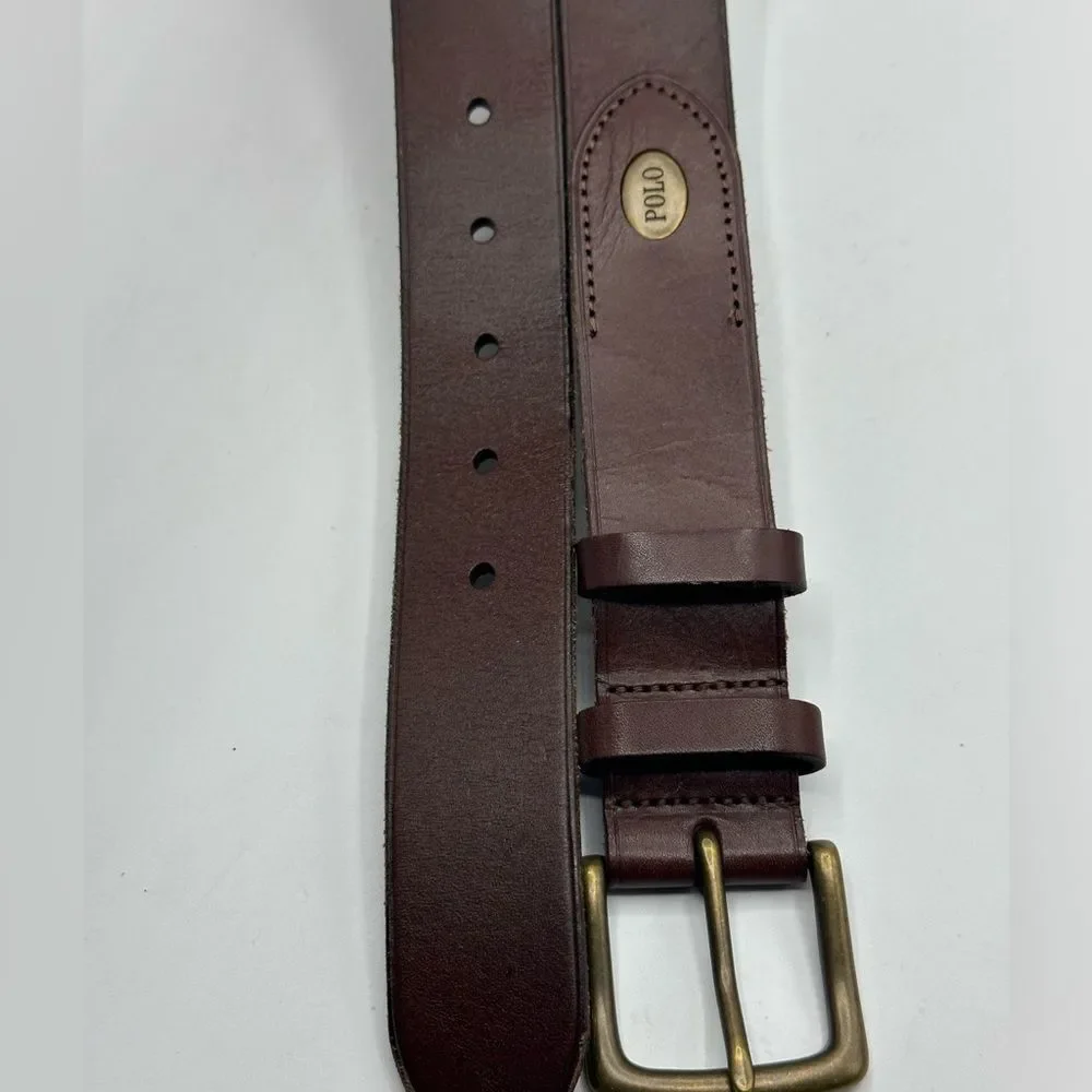 Polo Ralph Lauren Full Grain Leather Brown Belt Brass Buckle Size 38